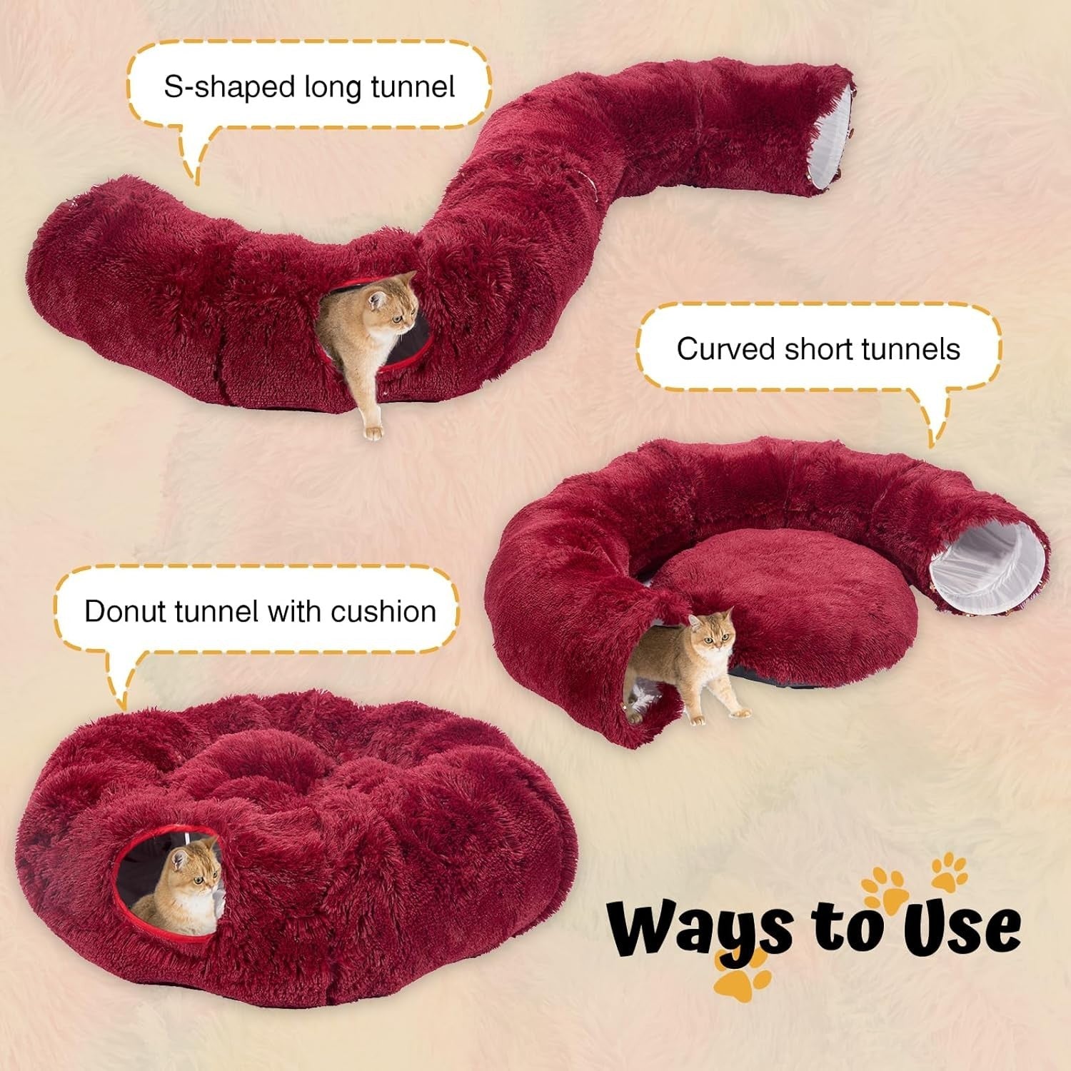 Cat Tunnel Bed Plush Donut Play Tunnel Large Circle w Cushion Red