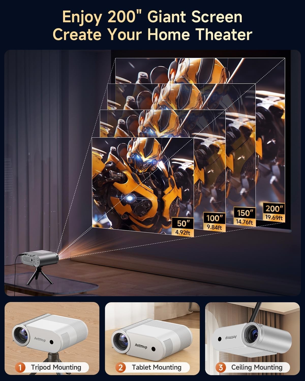 Mini Smart Projector 400 ANSI 1080P WiFi 6 Bluetooth Outdoor Cinema