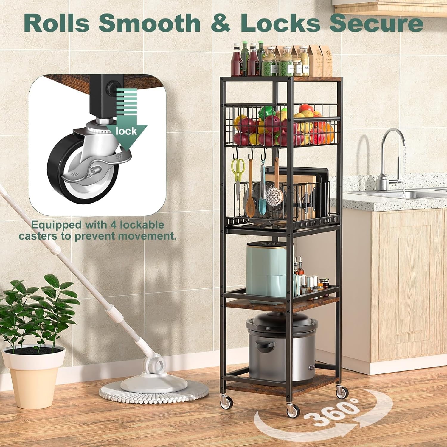 5 Tier Kitchen Rolling Cart Storage Rack with Fruit Basket & Wooden