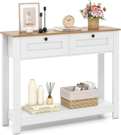 Slim Rustic Console Table 2 Drawers Open Shelf Hallway Storage 106x30x81cm