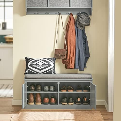 Grey Hallway Storage Bench Shoe Rack with Cushion Seat 2 Shelves MDF 98x37x49cm
