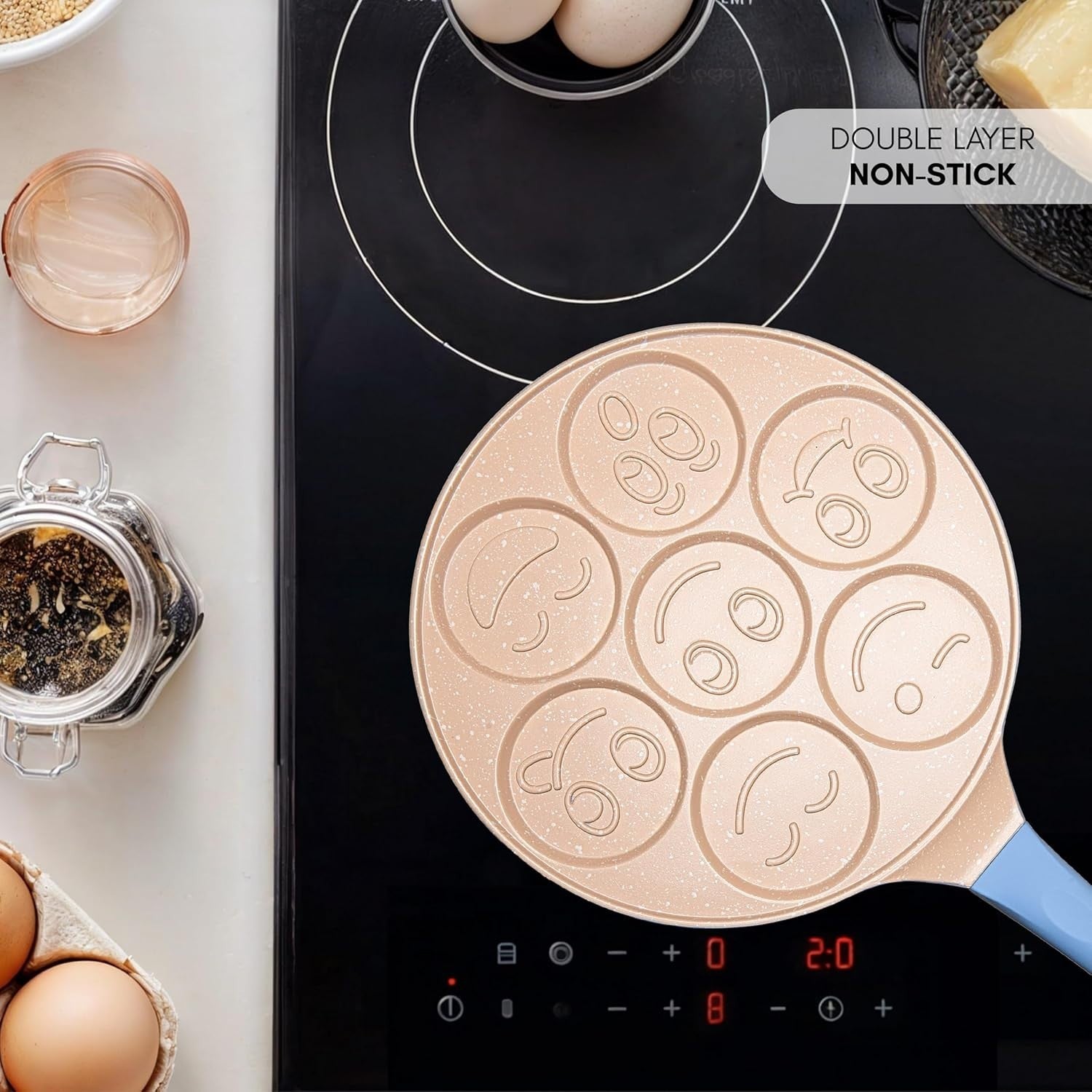 Non-Stick 7 Smiley Pancake Pan 26cm Crepe Maker Induction Safe Soft Grip Blue