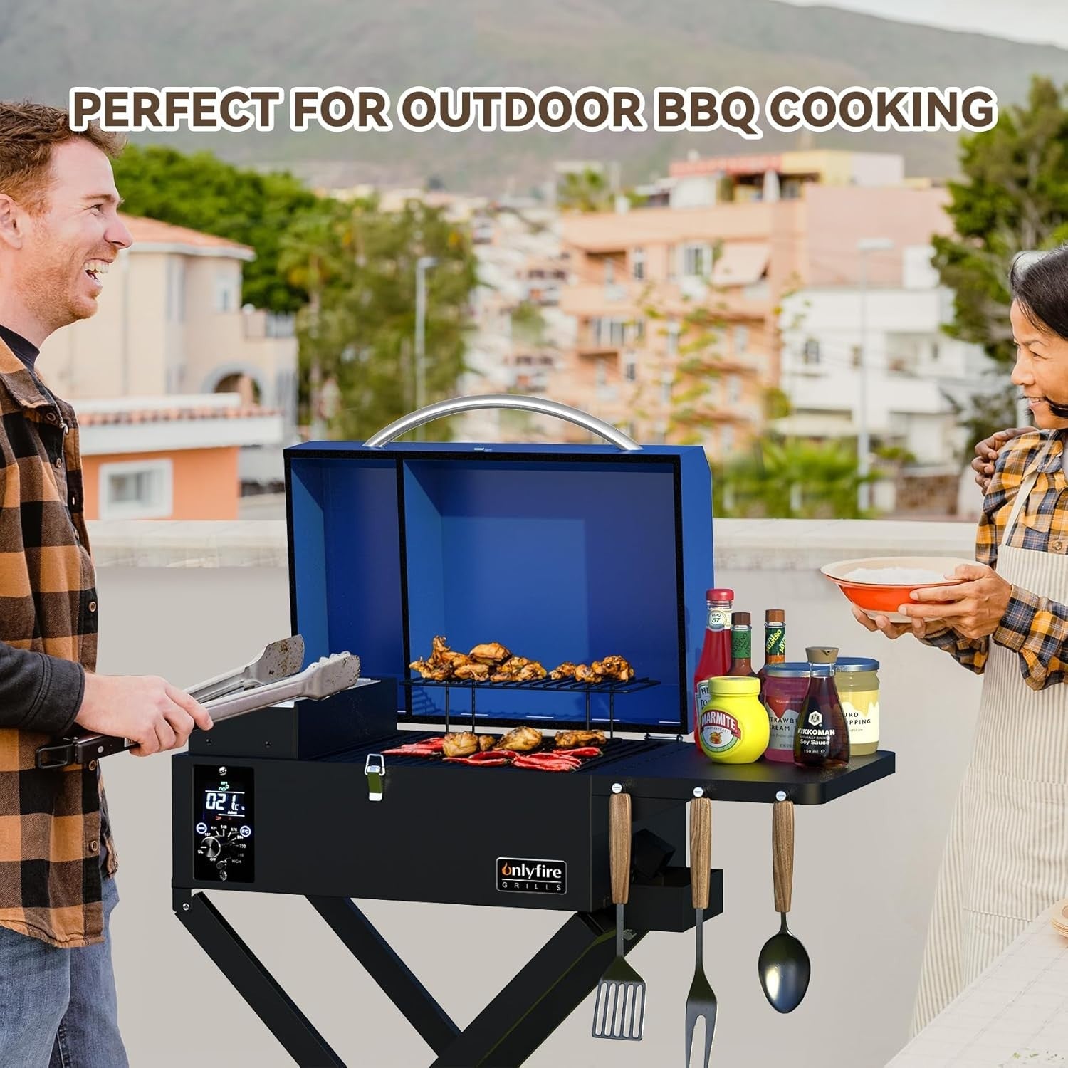 Portable Pellet Smoker BBQ Grill with Foldable Stand & Side Table