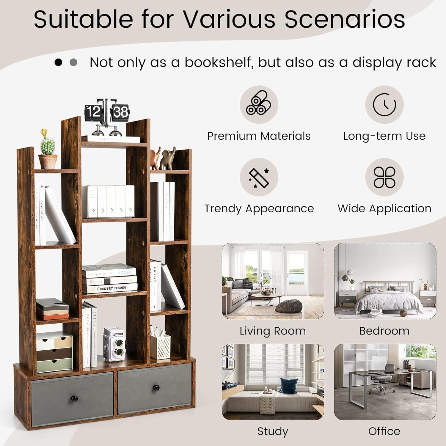 12-Tier Rustic Brown Wooden Bookshelf with 2 Foldable Drawers, Space Saver