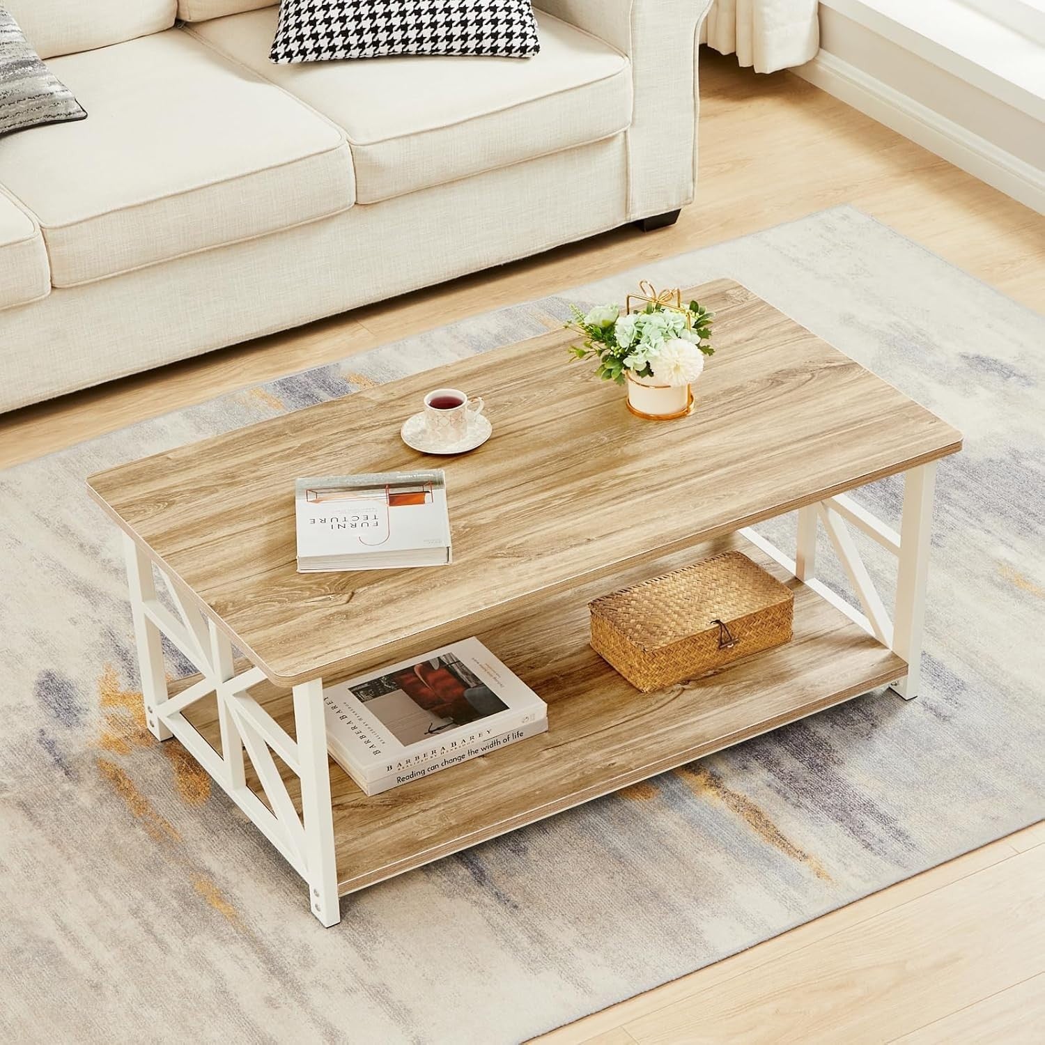 2-Tier Beige Coffee Table with X-Frame, Rounded Corners, 100cm Storage