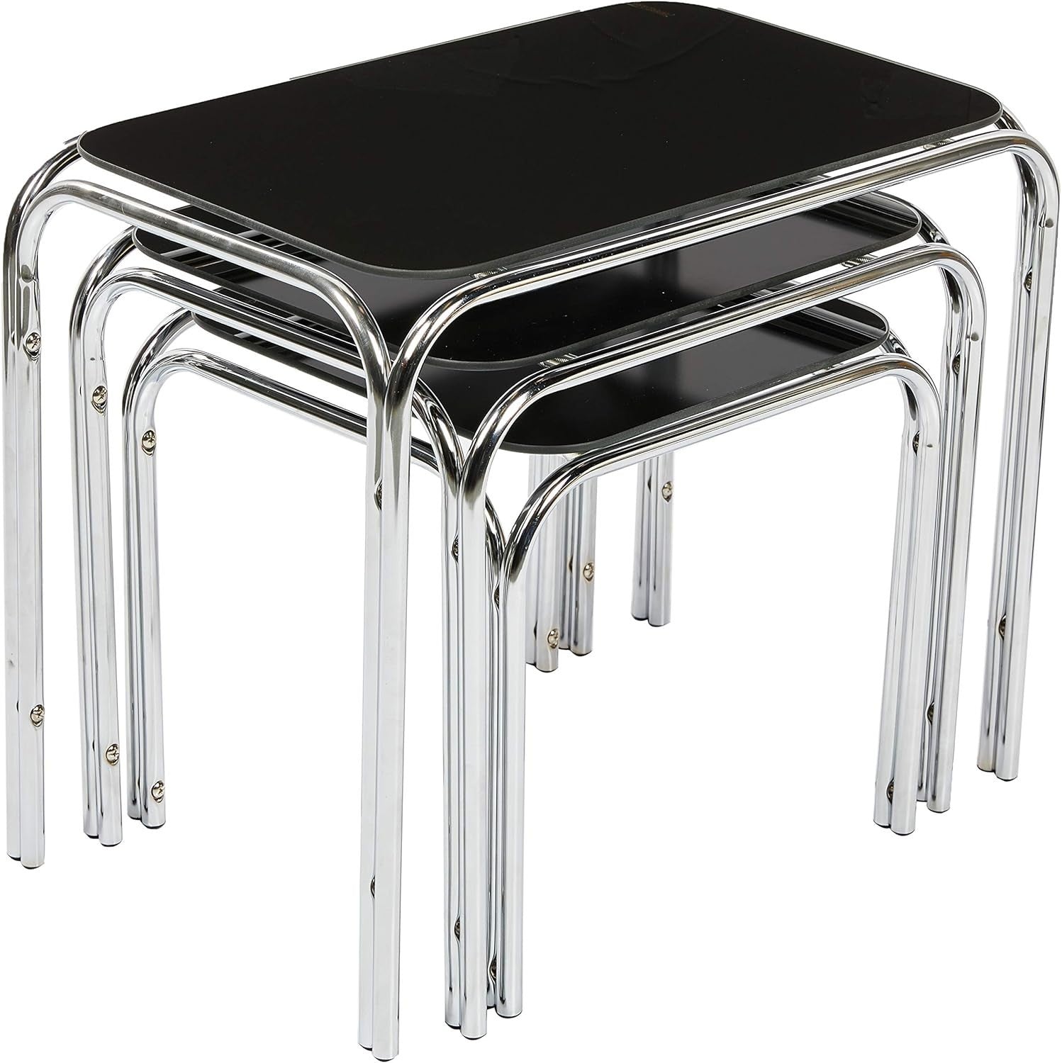 3pc Black Glass Nesting End Tables Set Modern Chrome Legs Living Room Furniture