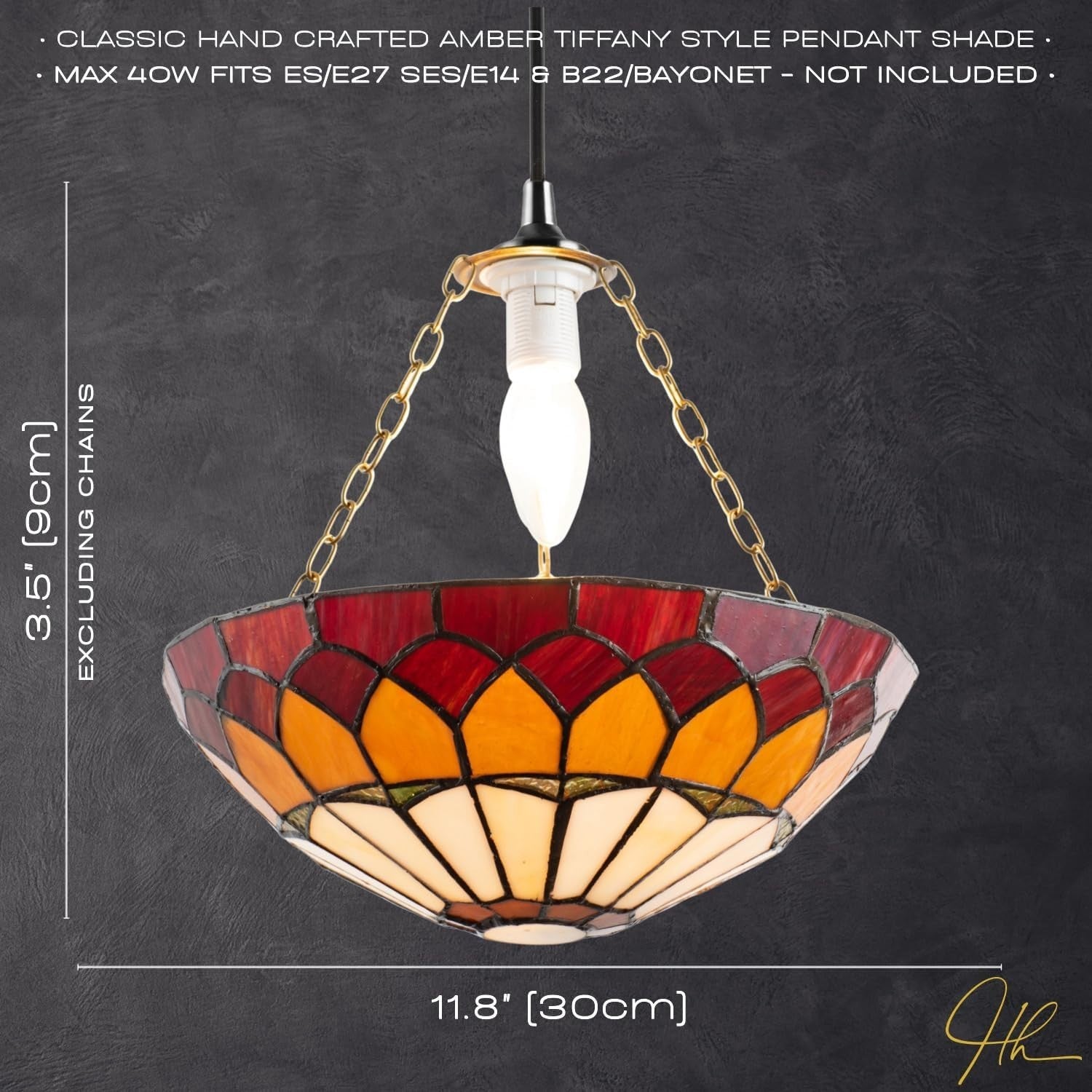 Tiffany Pendant Lamp Shade Amber Red Stained Glass Dome 30cm
