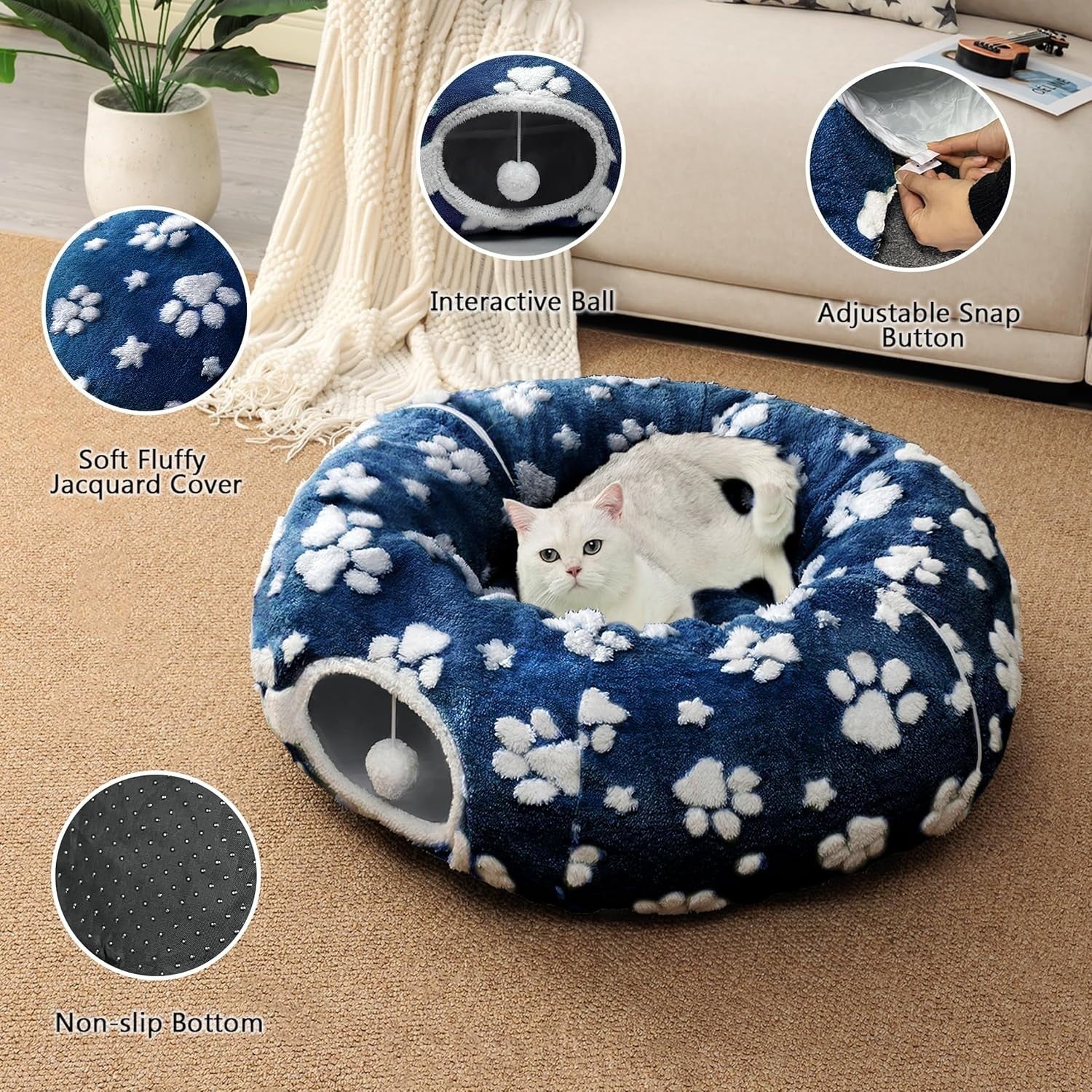 Cat Donut Tunnel Bed Peekaboo Cave w Cushion & Hanging Ball Navy