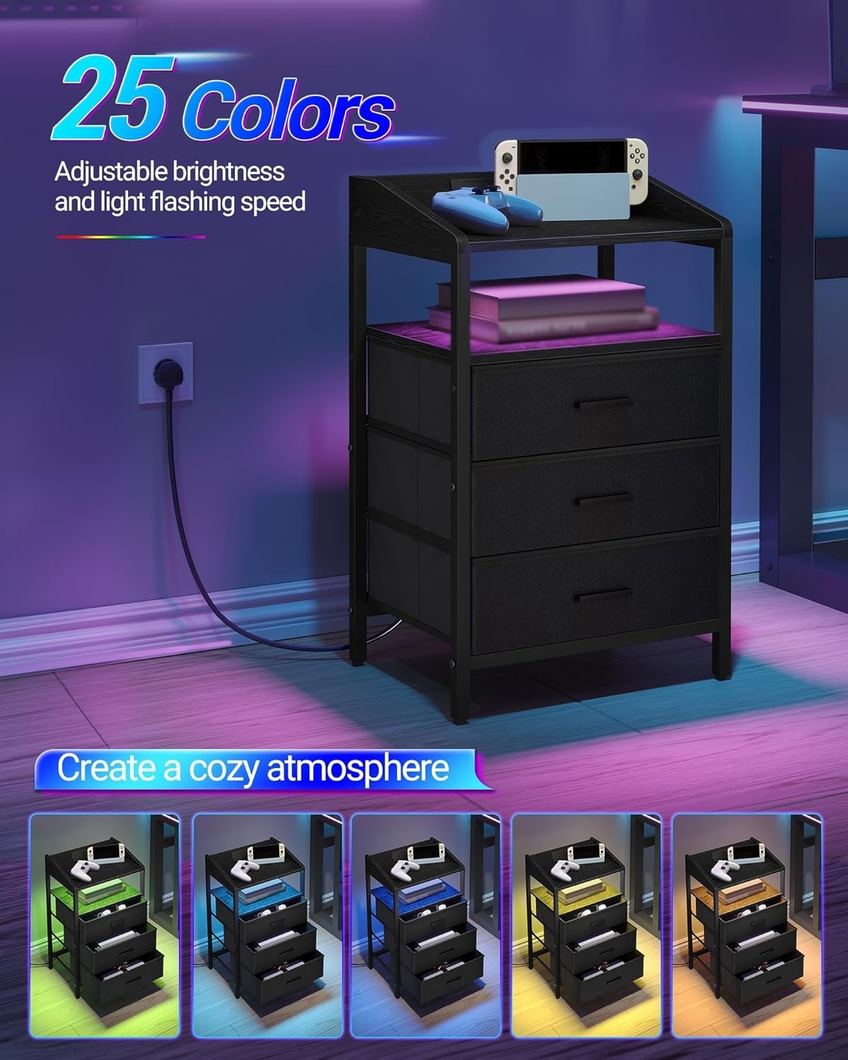 Black LED Bedside Table with USB Ports & 3 Drawers – Modern Nightstand