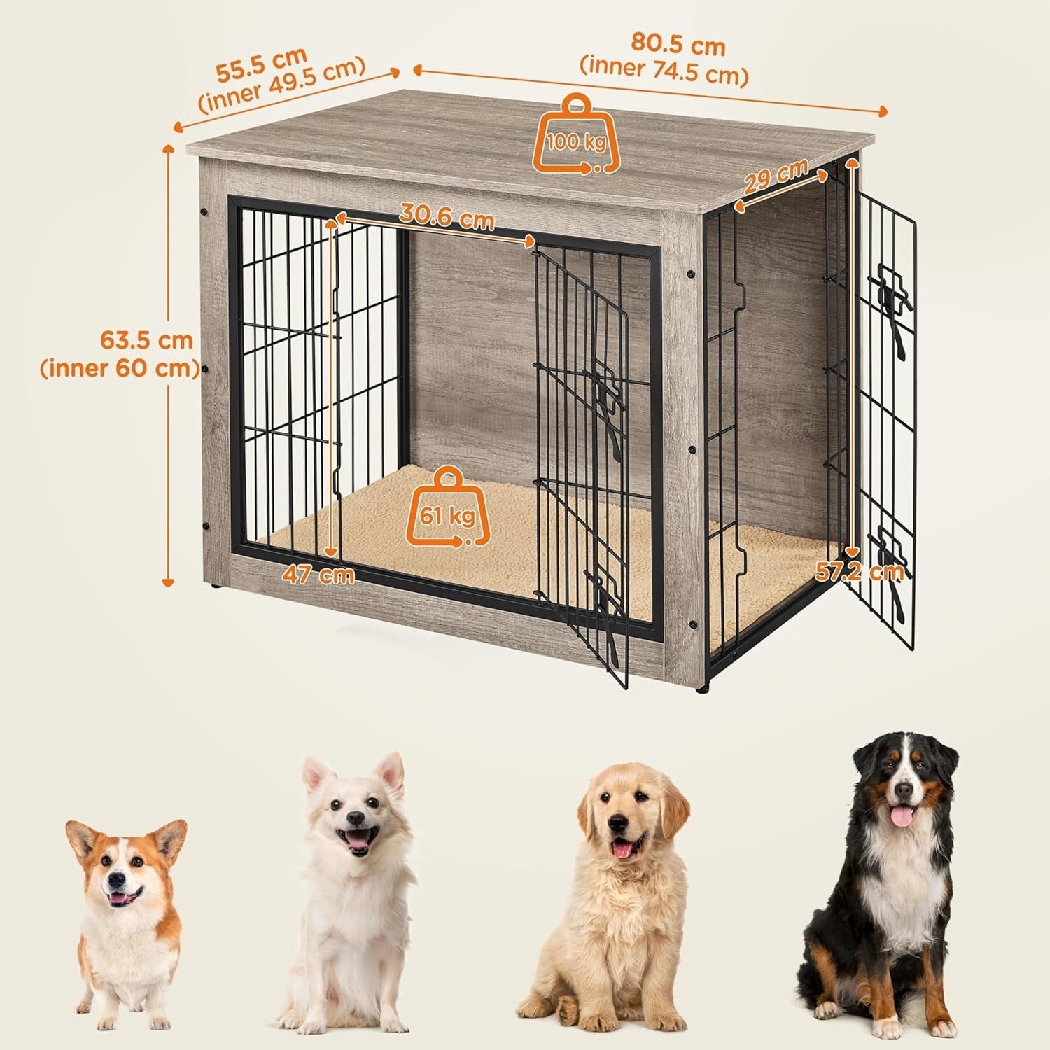 Stylish Indoor Dog Crate Furniture with Cushion Double Doors 80.5x55.5x63.5cm
