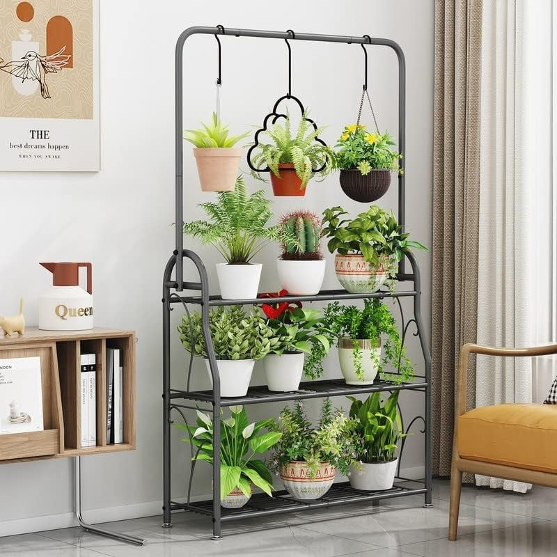 3 Tier Hanging Metal Plant Stand | Tall Indoor Outdoor Flower Pot Shelf Rack