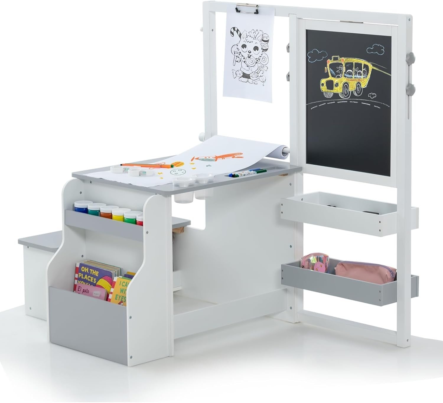 Kids Art Table with Double-Sided Easel, Storage, Paper Roll & Bench Set