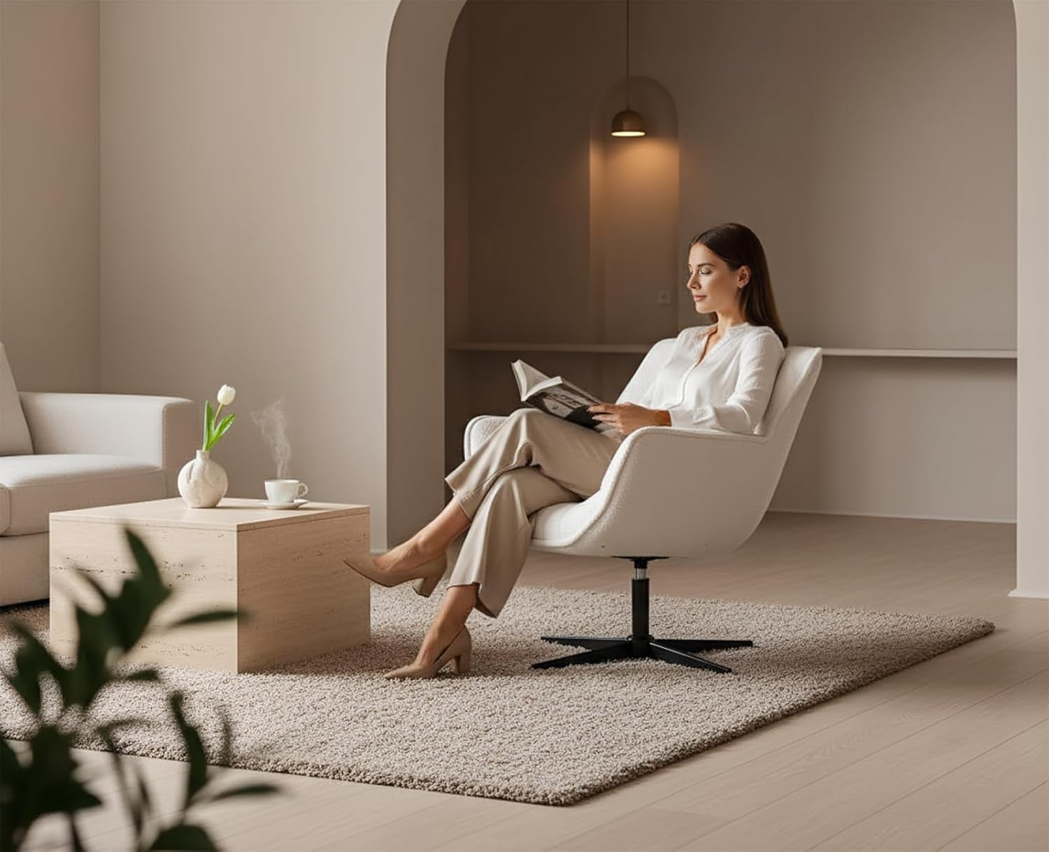 White Swivel Faux Fur Accent Armchair Modern Vanity Tub Chair
