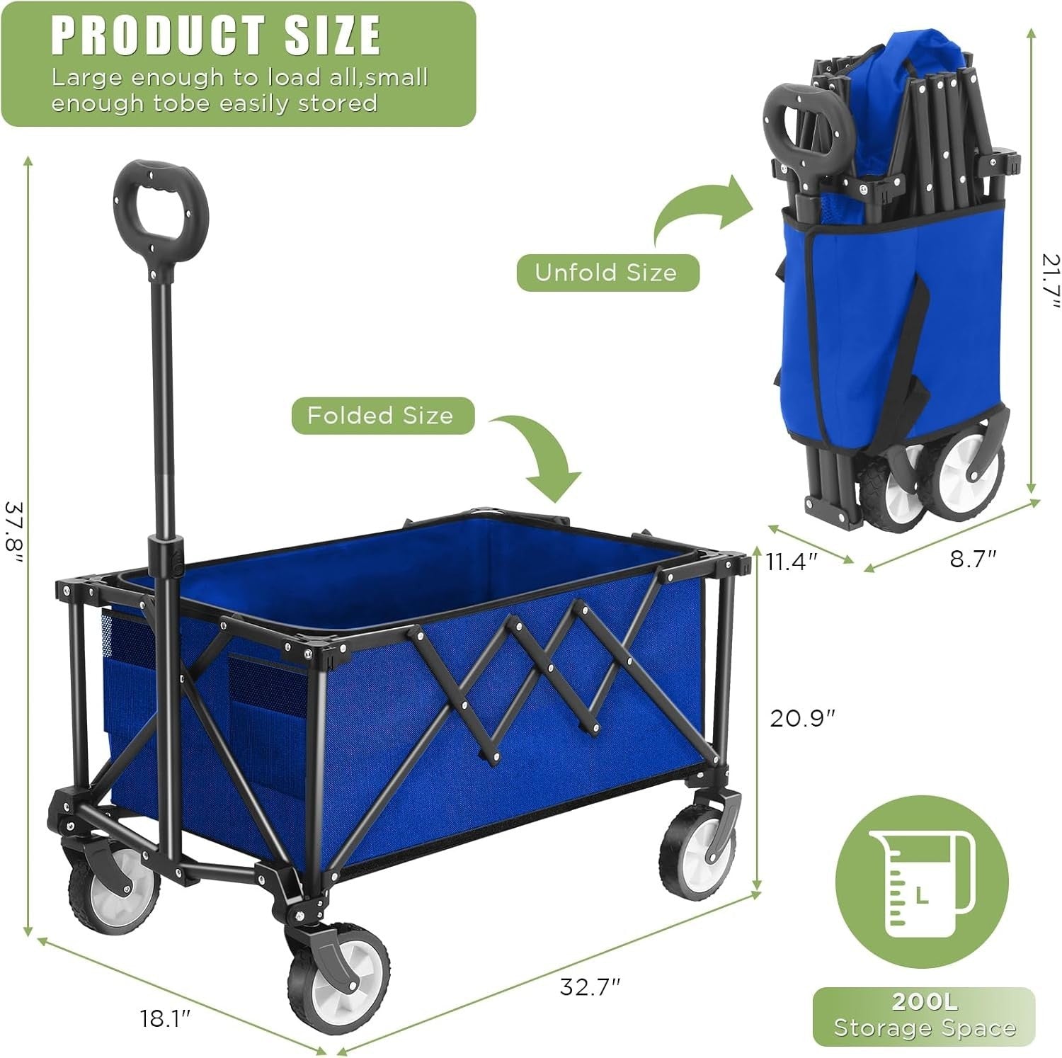 Blue Heavy Duty Folding Wagon 100L All-Terrain Garden Camping Beach Trolley