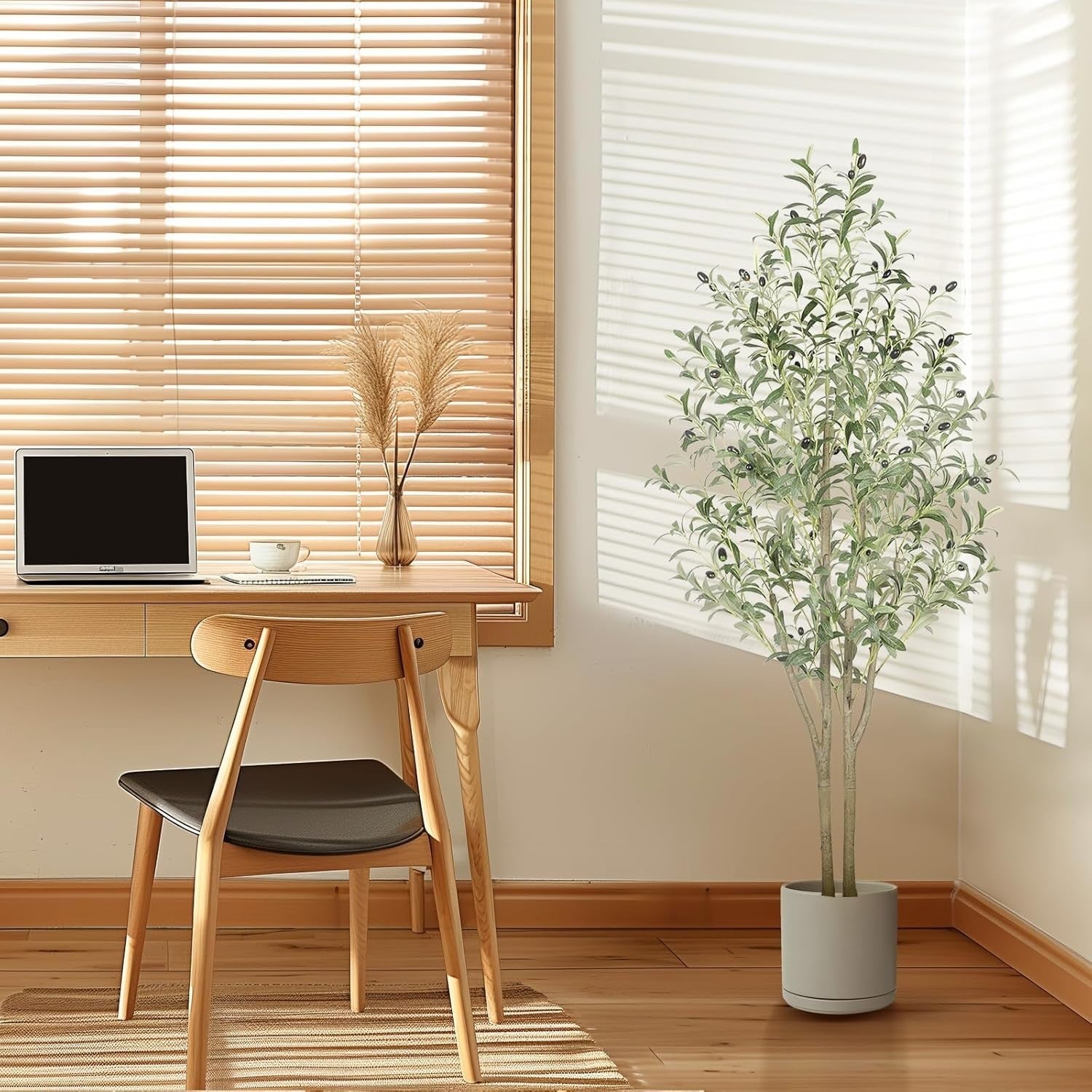 6FT Faux Olive Tree with White Pot Natural Wood Trunk Tall Indoor Floor Decor