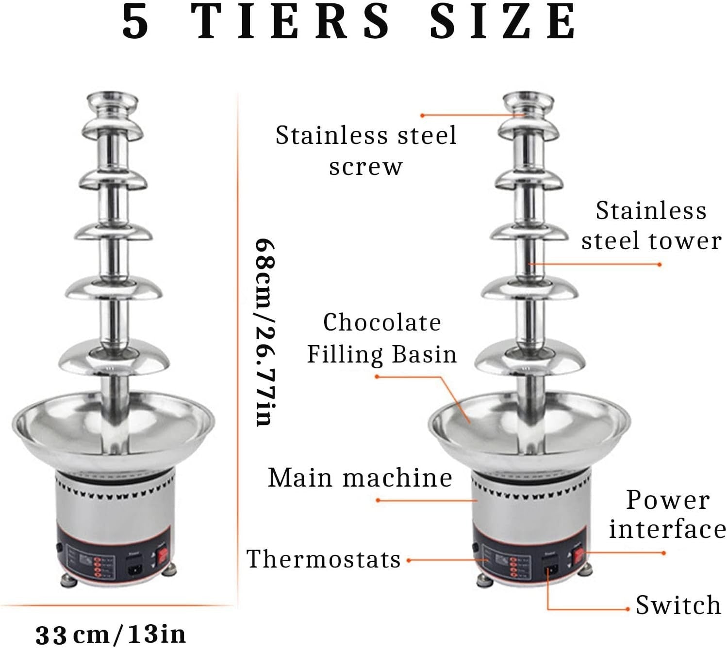 5 Tier Chocolate Fountain Machine Commercial Fondue Waterfall Steel