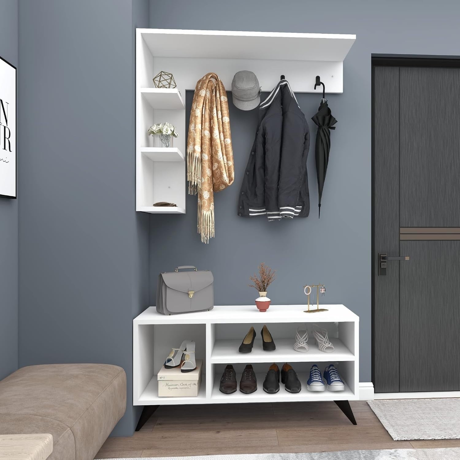 White Coat Rack & Shoe Storage Bench – Modern Wall Hallway Organizer Unit