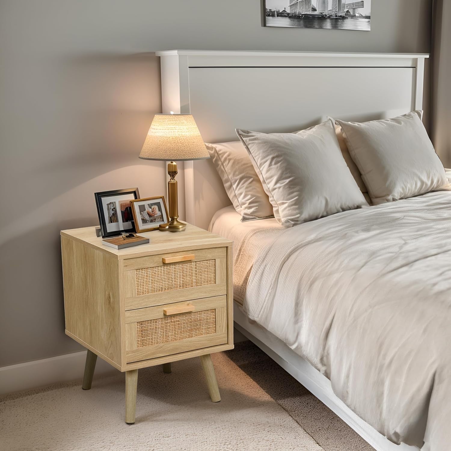 Set of 2 Rattan Bedside Tables with Drawers – Natural Wooden Nightstands
