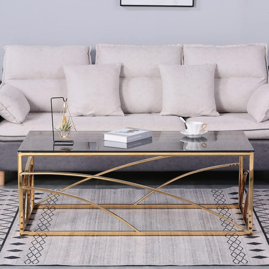 Gold Glass Coffee Table 120cm | Modern Stainless Steel Frame | Dark Grey Top