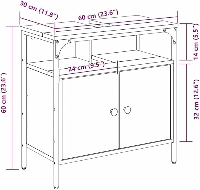 Beige Bathroom Sink Cabinet 60cm Vanity Unit Storage Cupboard with Metal Legs