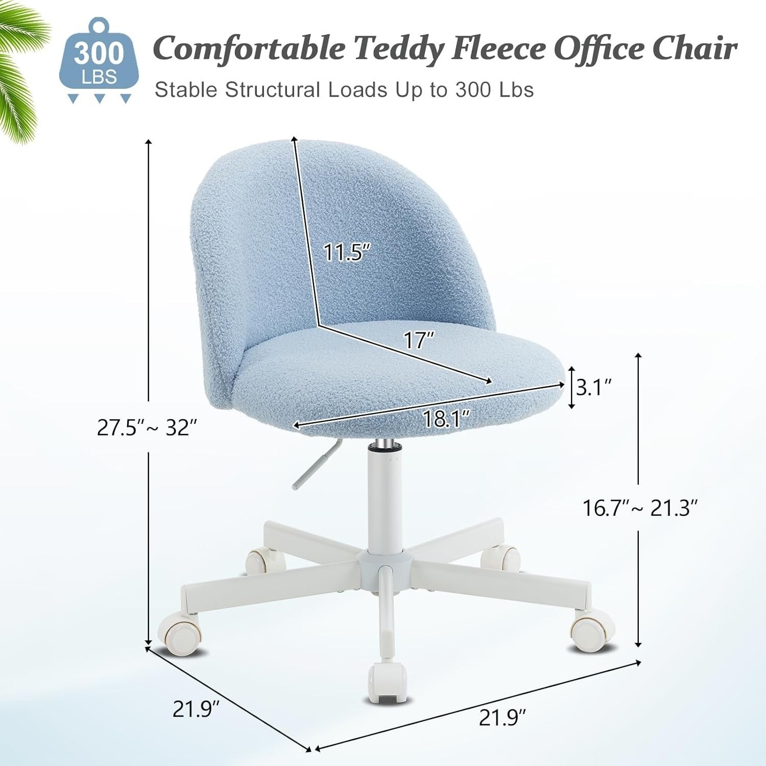 Light Blue Swivel Desk Chair Small Teddy Fleece Adjustable Vanity Seat