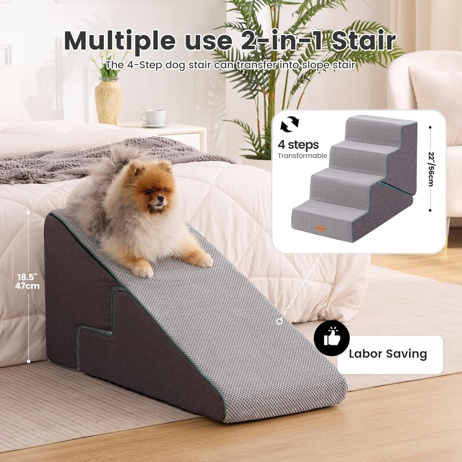 4 Step Adjustable Dog Stairs Foam Ramp Non-Slip Grey 47-56cm H