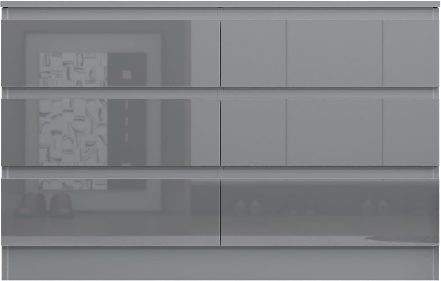 Grey Gloss 6 Drawer Chest Bedroom Dresser Storage Unit Wide Modern Design