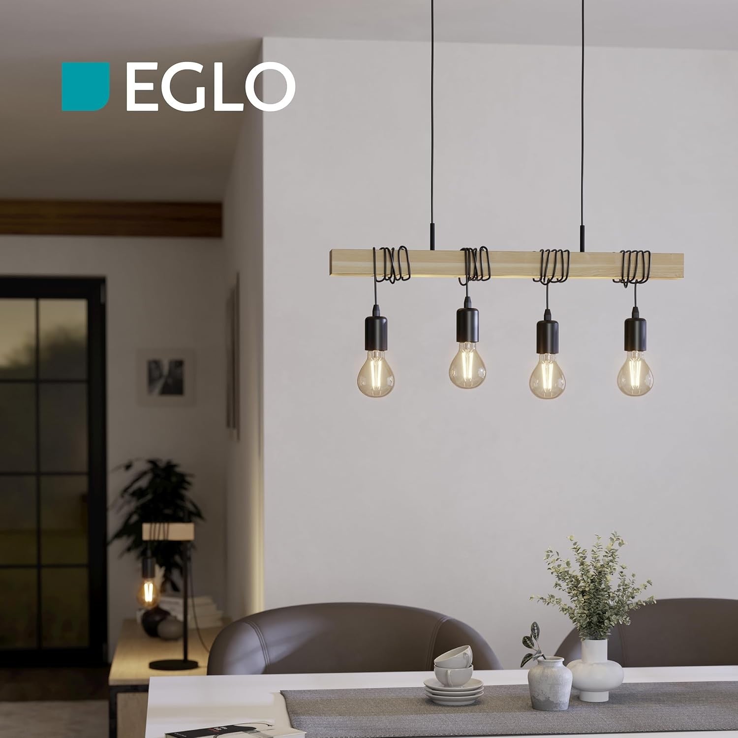 4 Light Industrial Pendant Ceiling Lamp Wood & Metal Vintage E27