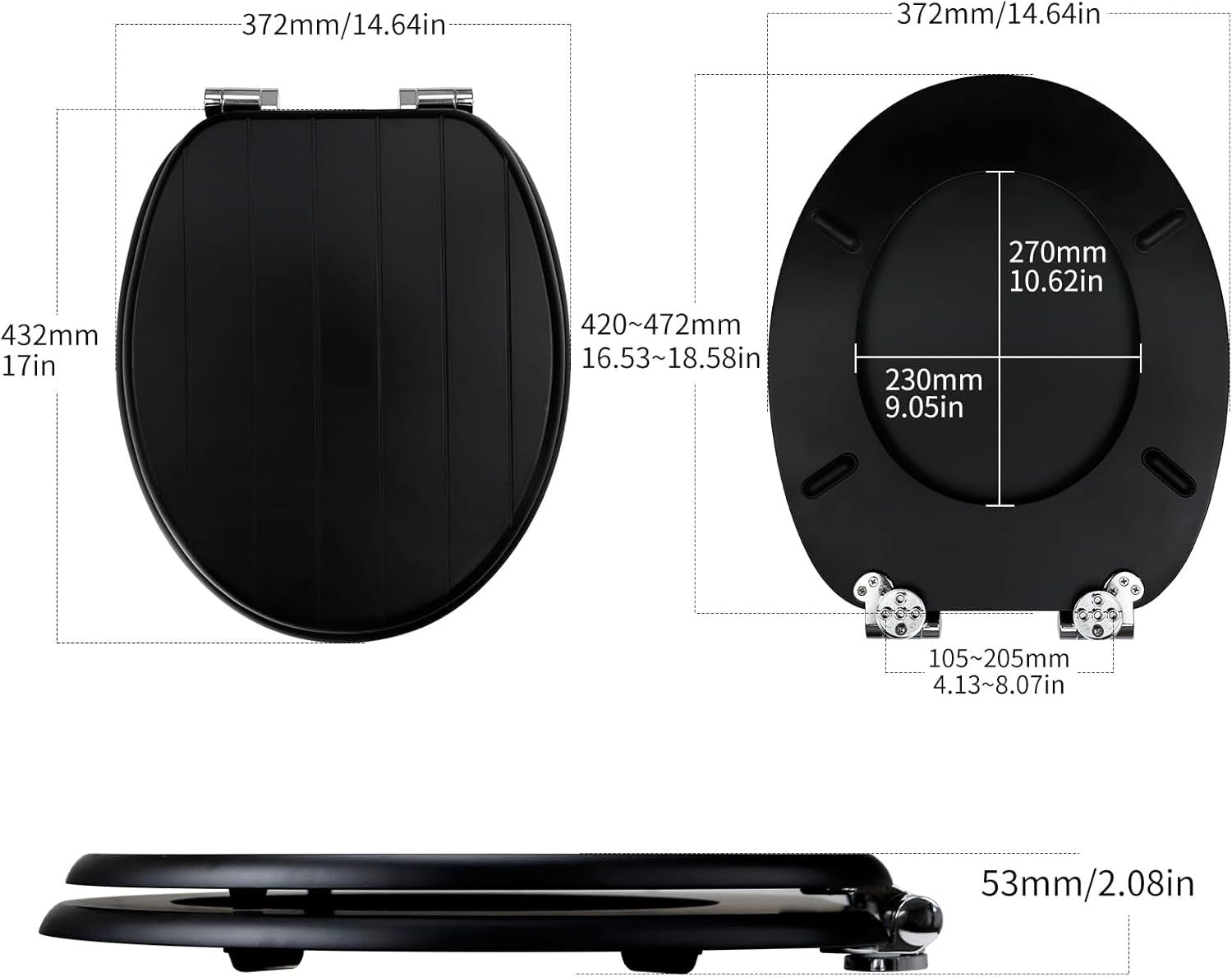 Black Wooden Toilet Seat MDF Soft Close Adjustable Hinges 43.5x37.5cm