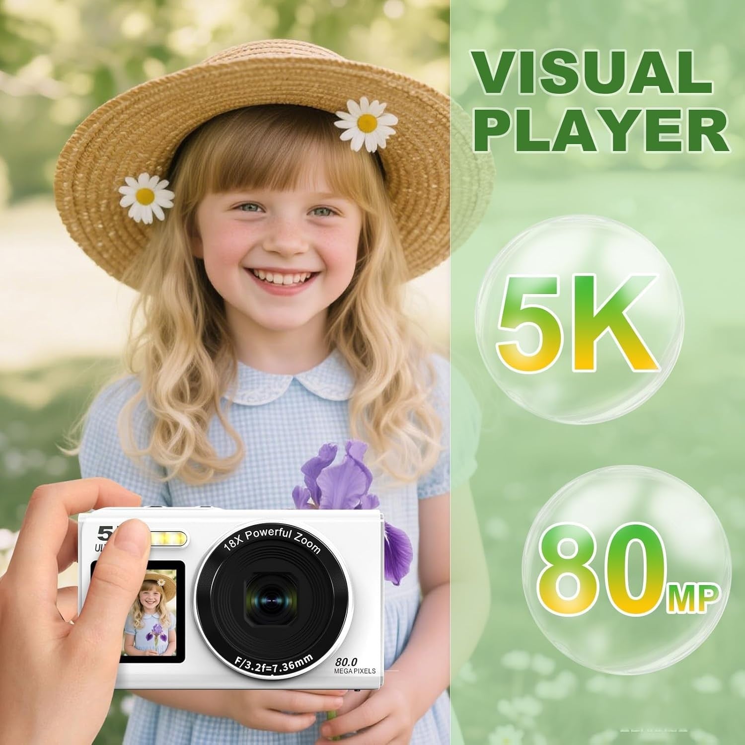 5K 80MP Digital Camera WiFi Dual Screen Vlogging Camera White