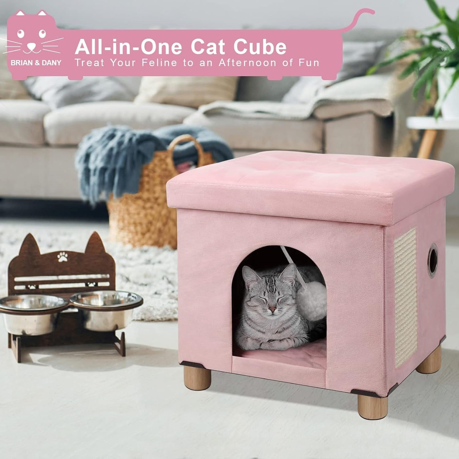Foldable Cat House Cube Cave w Scratching Board Cushion & Ball Pink