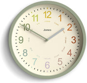 25cm Kids Wall Clock – Silent Non-Ticking Sage Green Colourful Numbers Learn Tim