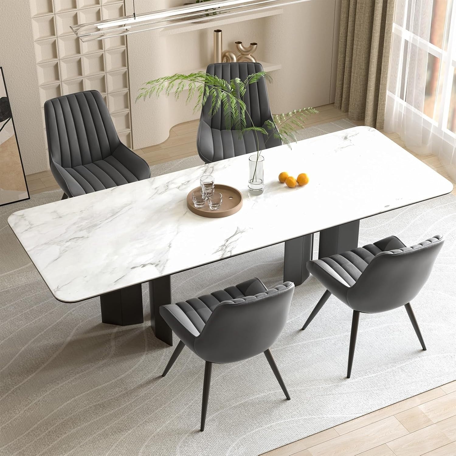 Set of 4 Grey Fabric Dining Chairs | Upholstered Modern Metal Leg Seats