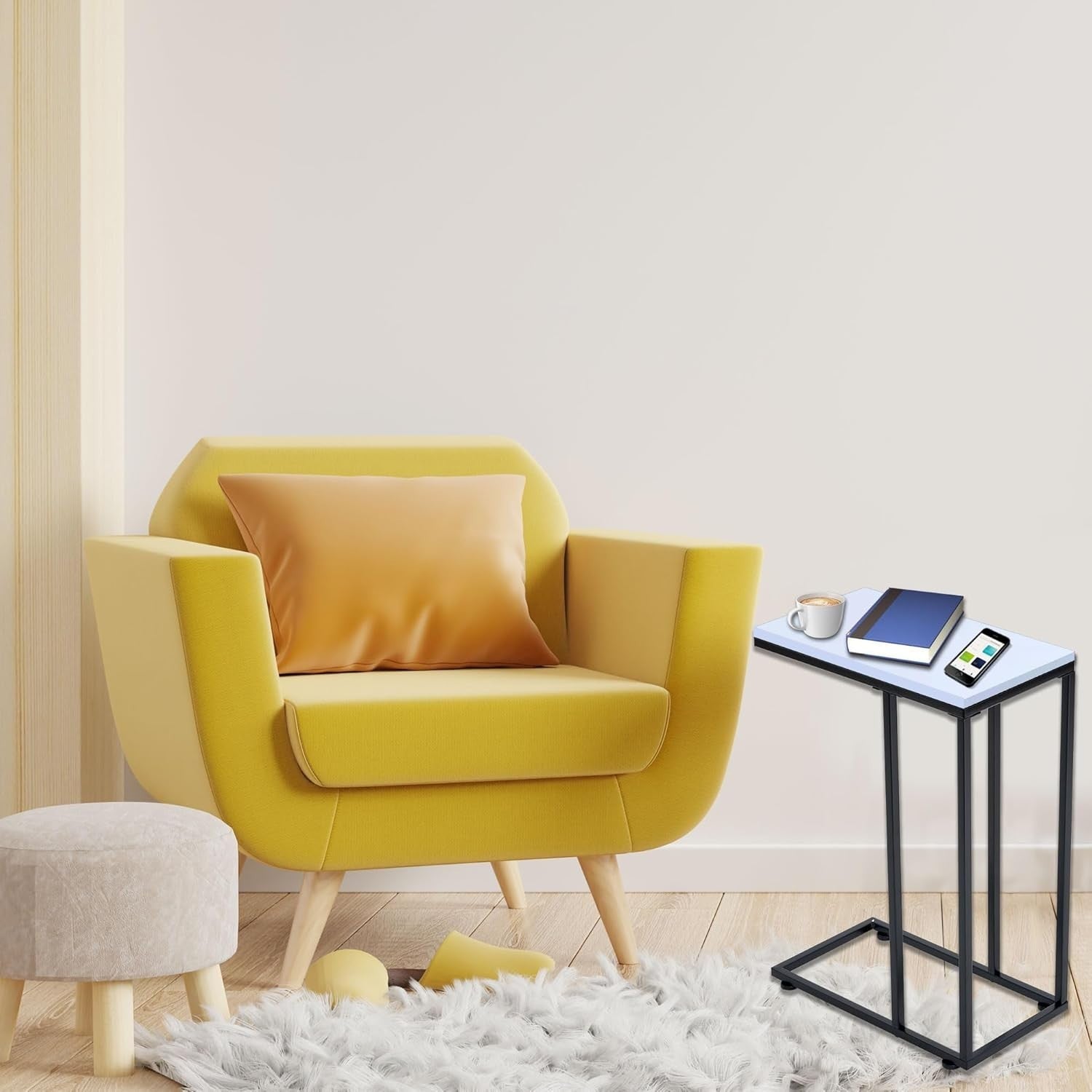 C Shaped Side Table, White Coffee & Laptop Table for Sofa, Space Saving