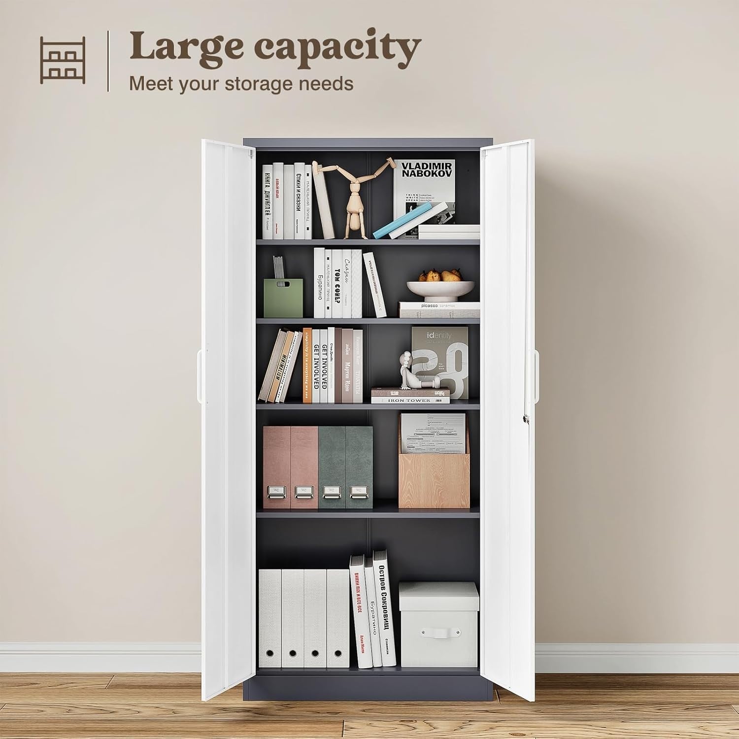 Lockable Metal Storage Cabinet with 2 Doors & 4 Adjustable Shelves, Heavy Duty