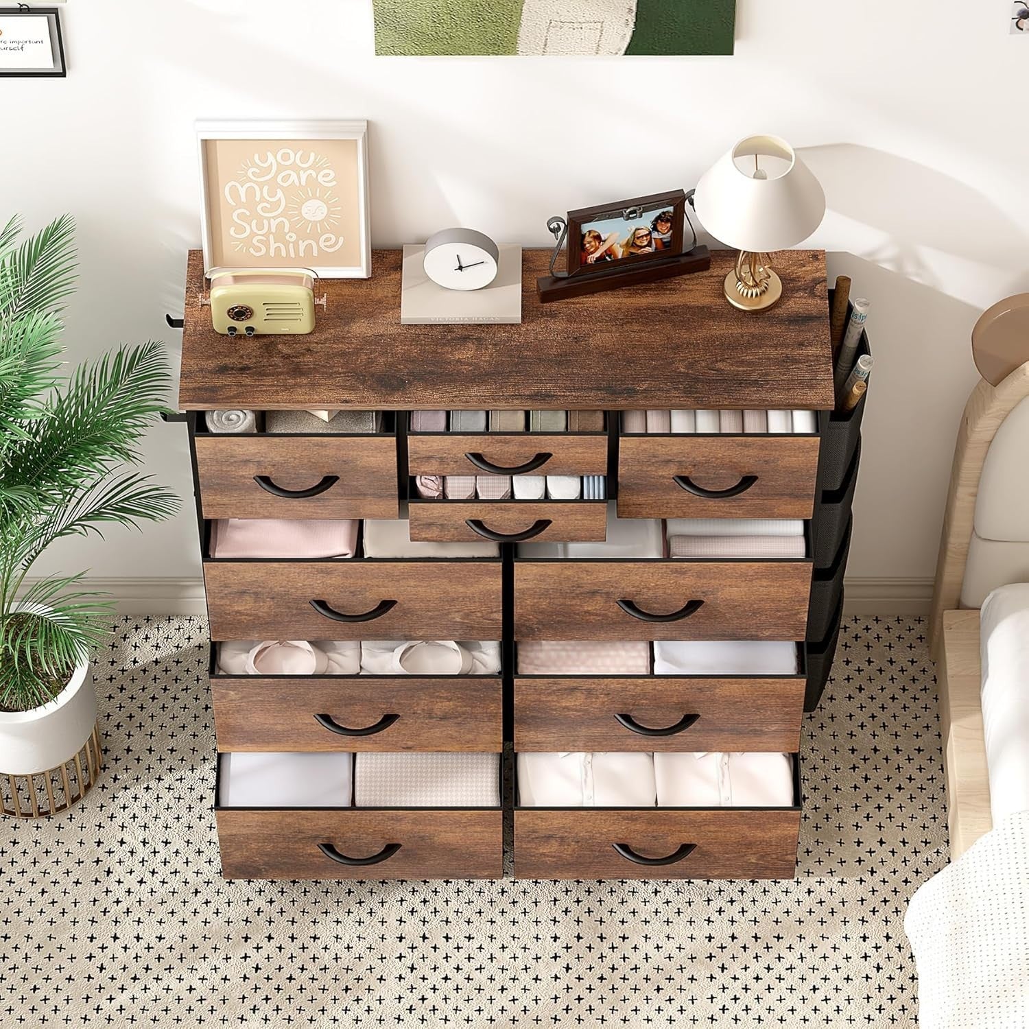 Rustic Brown 10-Drawer Tall Chest Storage Dresser with Side Pockets & Hooks