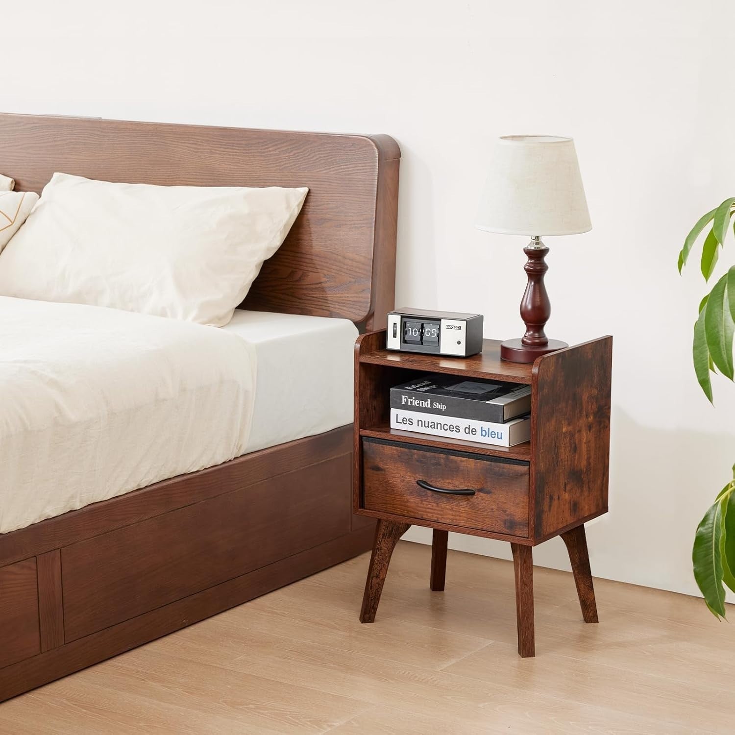 Mid Century Modern Bedside Table, Wooden Nightstand with Drawer & Open Shelf