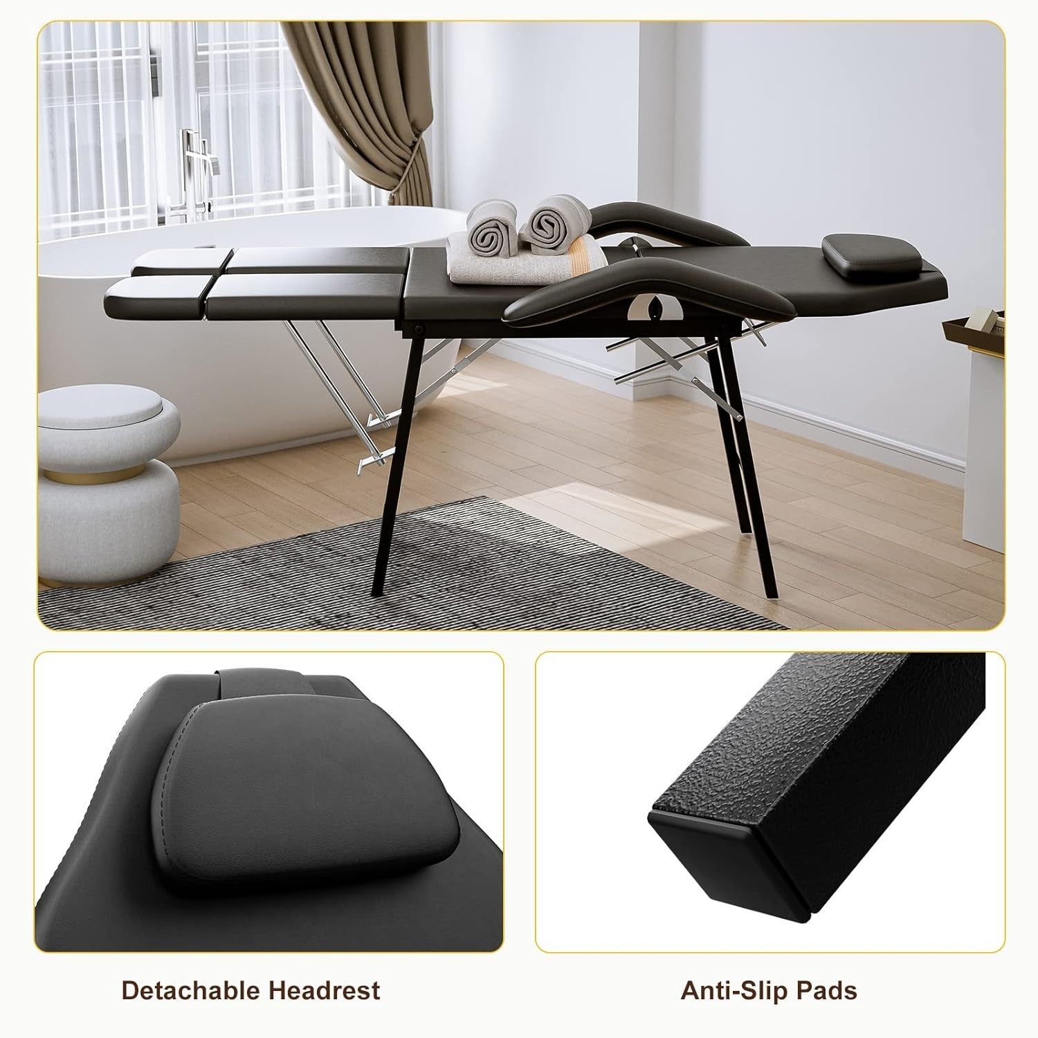 Portable 3-Section Split-Leg Massage Table Folding Beauty Tattoo Bed Black
