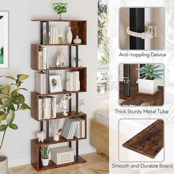 Tall S-Shaped 6-Tier Bookcase Modern Display Shelf Unit for Home Office Storage