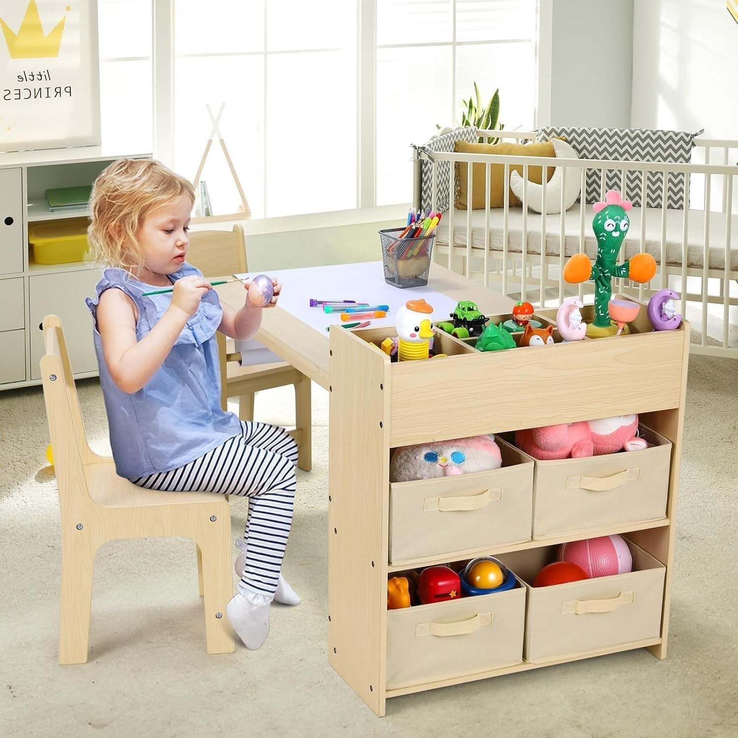 Kids Art Table and Chair Set with Storage Boxes Paper Roll Holder Drawing Desk
