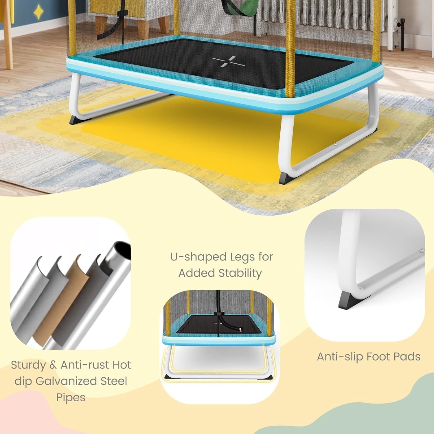 6FT Kids Trampoline 3 in 1 with Swing Bar Safety Net Indoor Outdoor