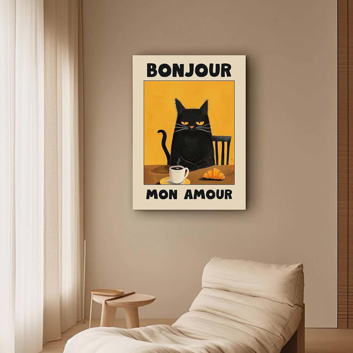 Bonjour Cat Canvas Wall Art 12x16 Framed Funny Kitchen Print