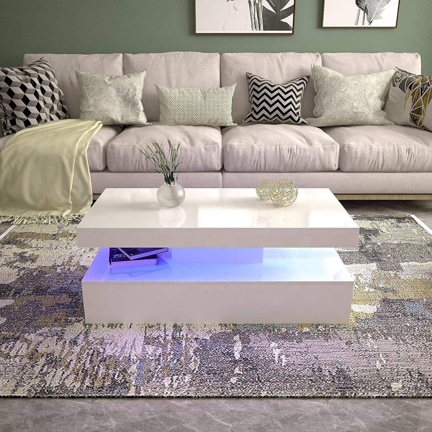 Modern White High Gloss Coffee Table with 16-Color LED Lights & Large Capacity