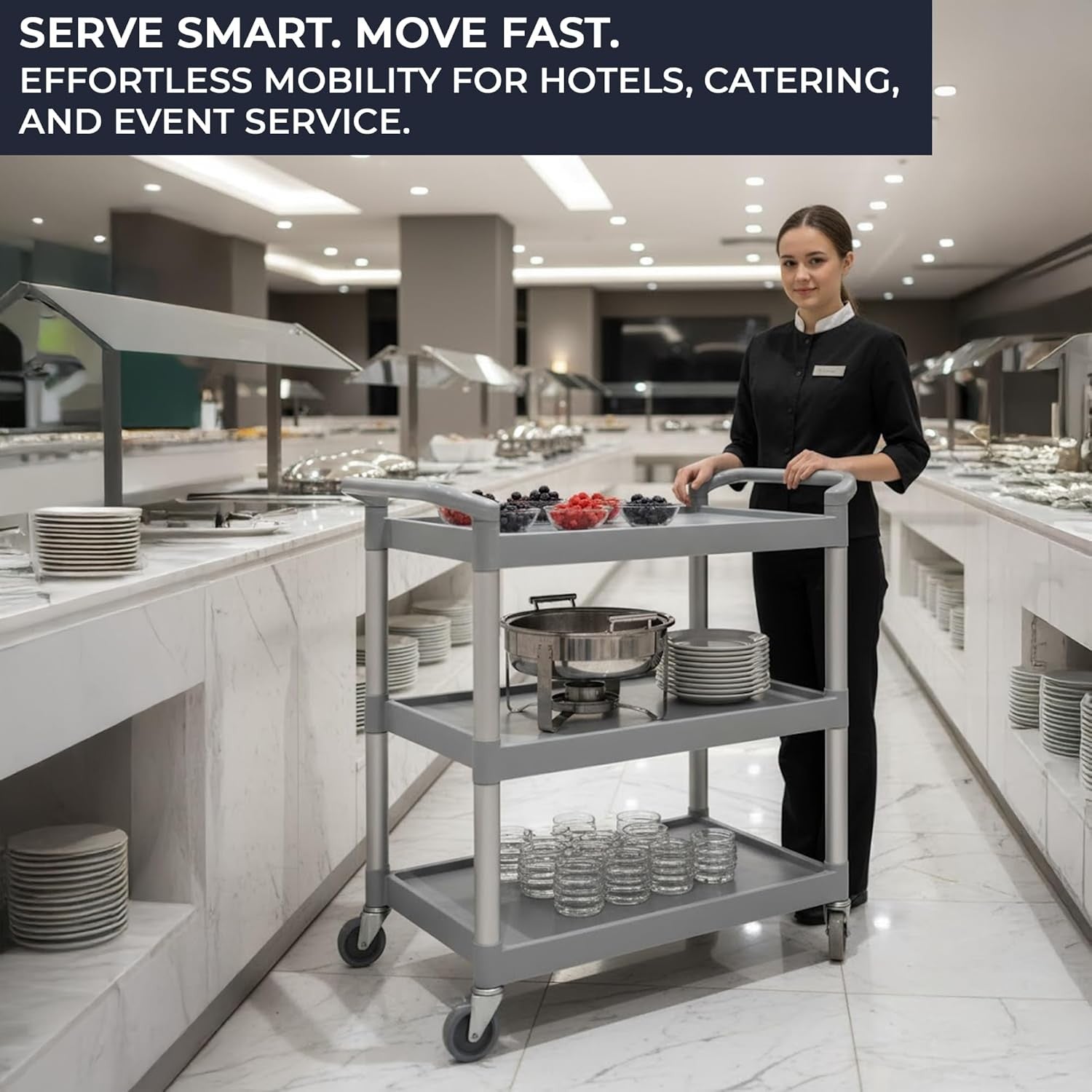 Heavy Duty 3 Tier Service Trolley on Wheels Aluminium Utility Storage Cart