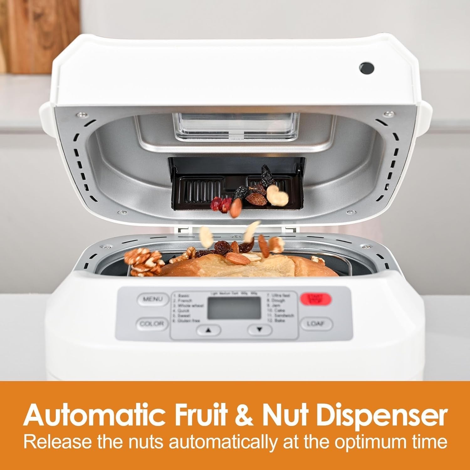 12-in-1 Bread Maker 2lb Gluten-Free Auto Nut Dispenser Non-Stick White