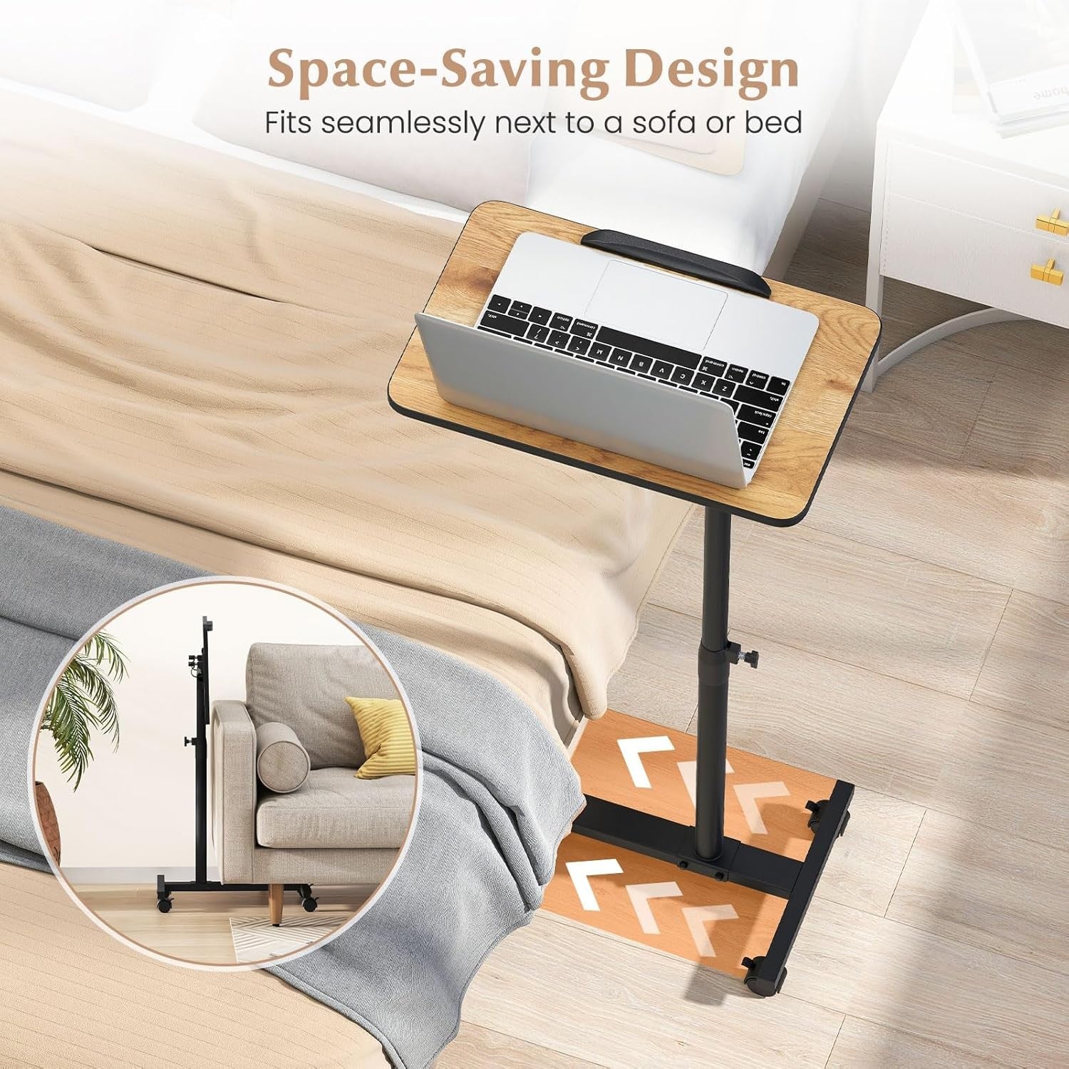 Adjustable Overbed Table Laptop Desk C Shaped Rolling Bedside Stand Brown