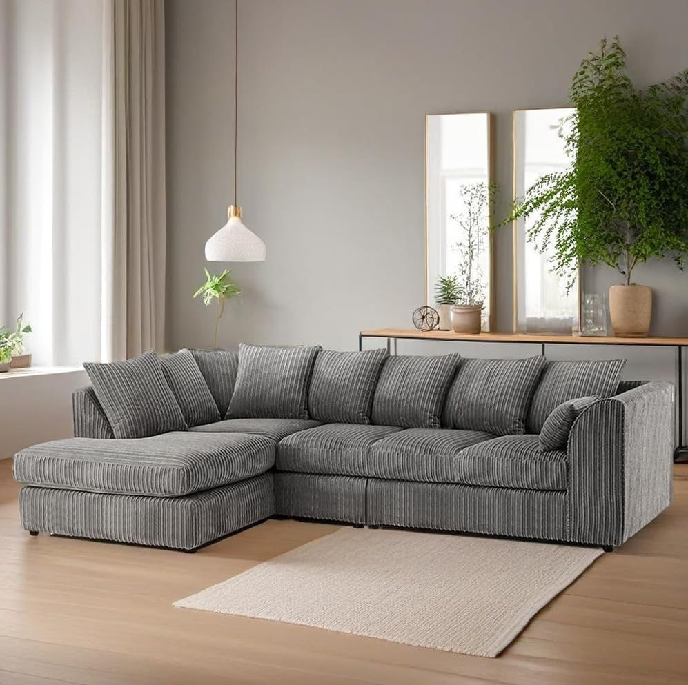 Luxury Grey Jumbo Cord L Shape Sofa 5-Seater Left Hand Scatter Back Couch