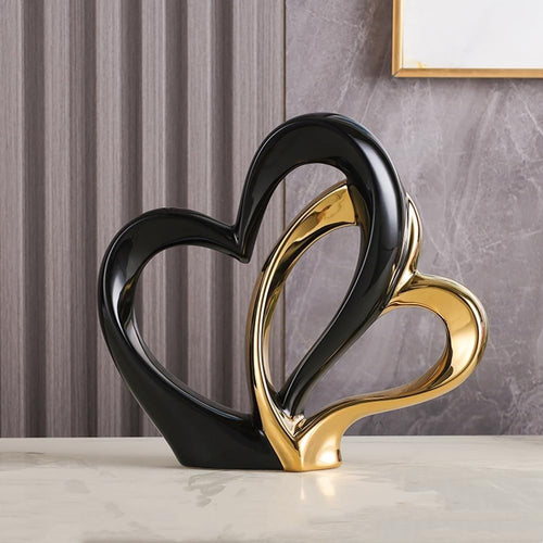 Modern Double Heart Ceramic Sculpture • Black & Gold Romantic Home Decor Gift