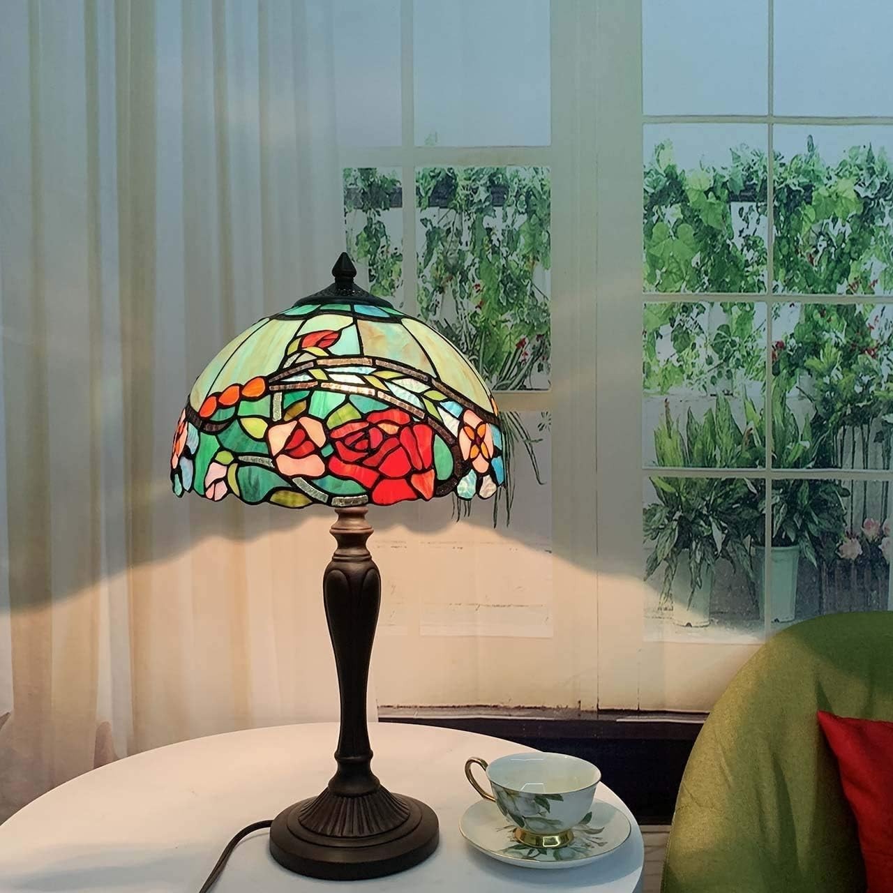 Tiffany Style Rose Stained Glass Table Lamp with 12" Shade, 21" Tall