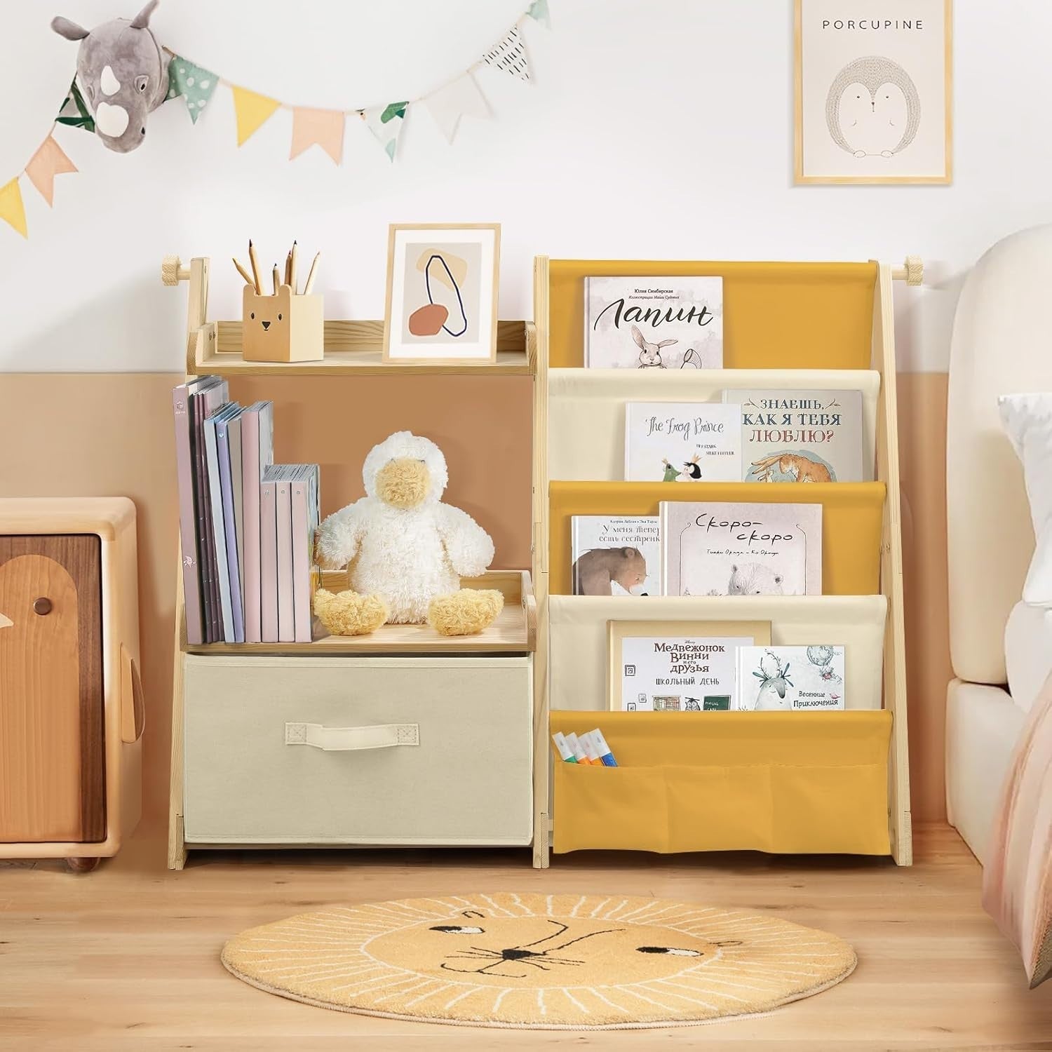 Yellow Kids Bookshelf & Toy Storage – 4-Tier Wooden Bookcase + Toy Chest